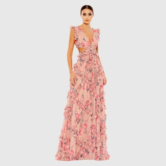 Mac Duggal 9152 NWT Ruffled Cut Out Cap Sleeve V Neck Gown - Picture 1 of 7
